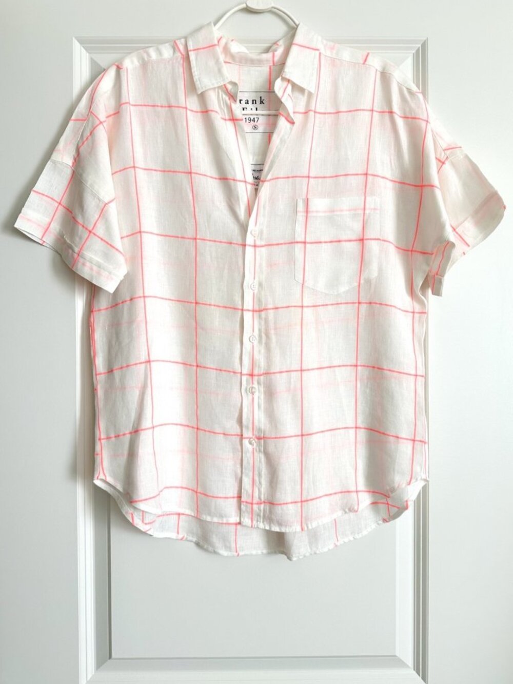 Frank & Eileen Rose White/Pink Windowpane Short Sleeve Linen Shirt Size S